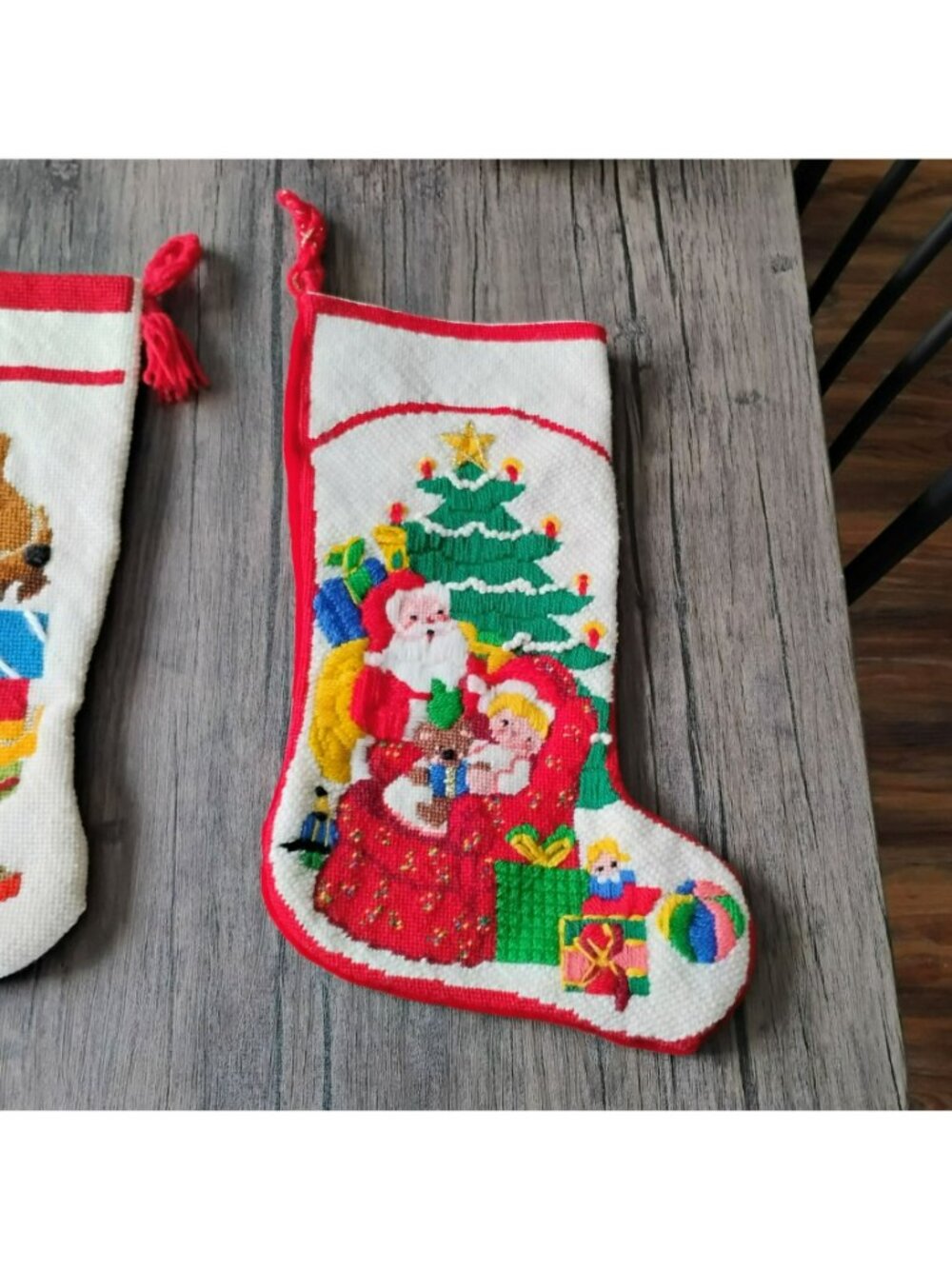 Vintage Handmade Needlepoint Christmas Stockings Set Of 2 Santa & Bear Trimming - Picture 9 of 11